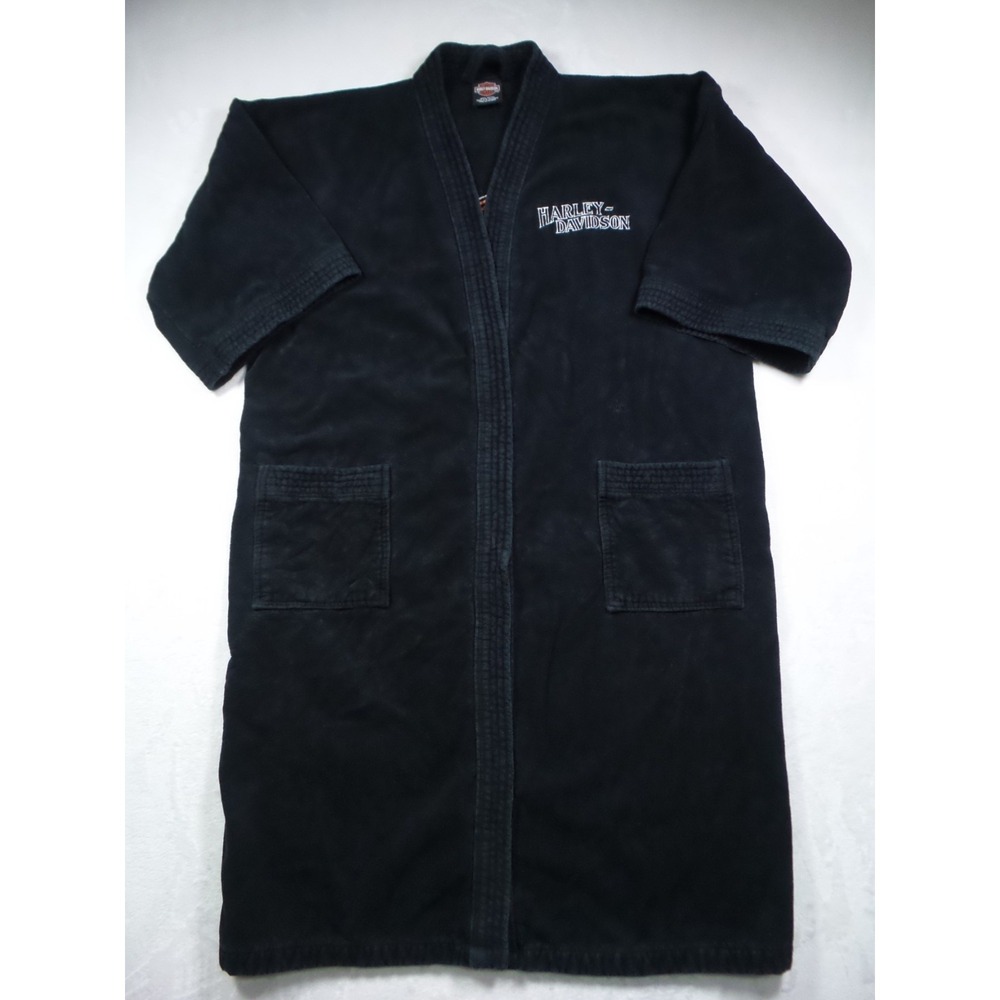 Harley Davidson Bathrobe Mens Size Large Black Pockets Embroidered No Belt Y2K